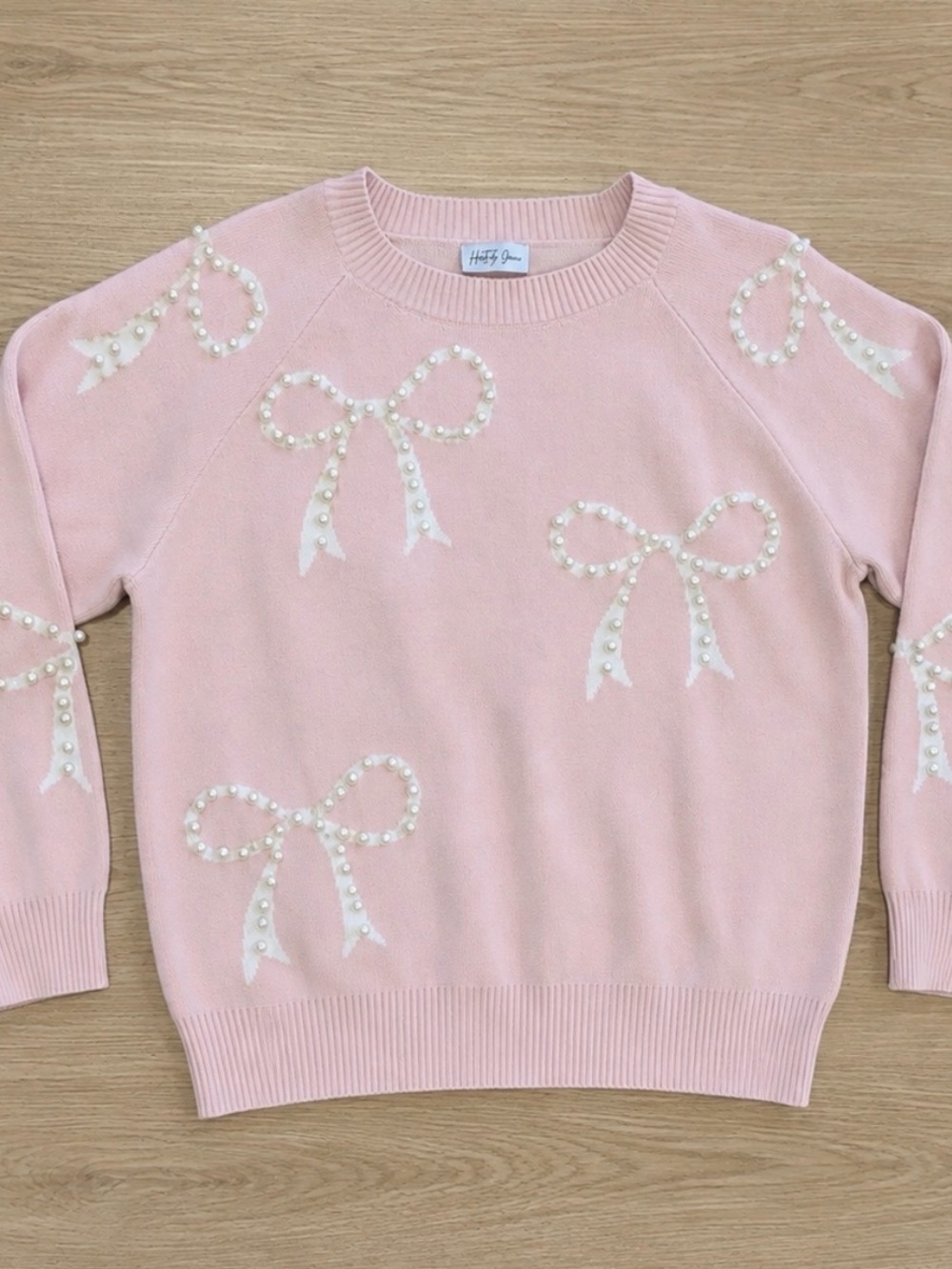 Heart of Grace Pink Pearl Bow Crewneck Sweater